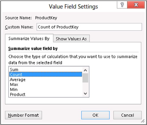 In the Field Settings dialog box, choose the Count function to count the number of products.