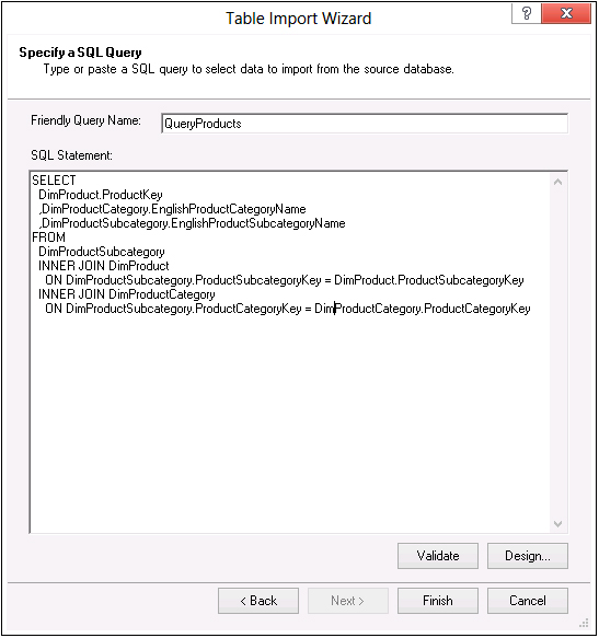 The SQL query editor, with a query written by the designer.