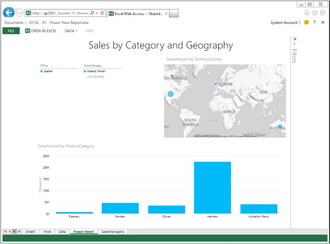 Power View reports are shown in the Internet Explorer browser as part of an Excel report rendering.