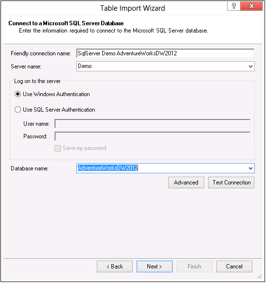 The Table Import Wizard asks for the parameters to connect to SQL Server.