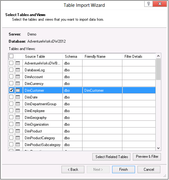 The Table Import Wizard shows the list of tables that you can load from a database.