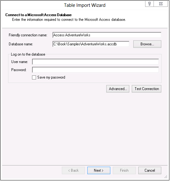 The Table Import Wizard is asking for Access connection parameters.