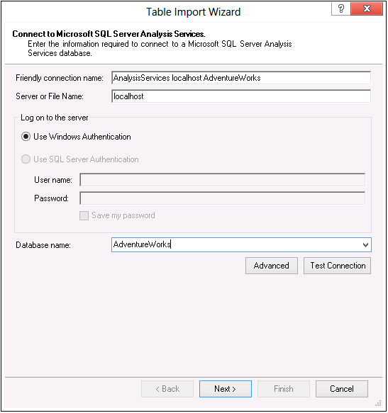 The Table Import Wizard asking for a SQL Server Analysis Services connection.