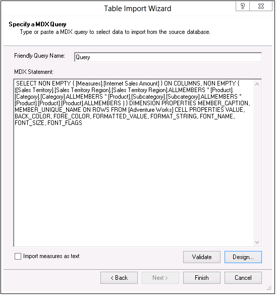 The Table Import Wizard shows the MDX code generated by the designer.