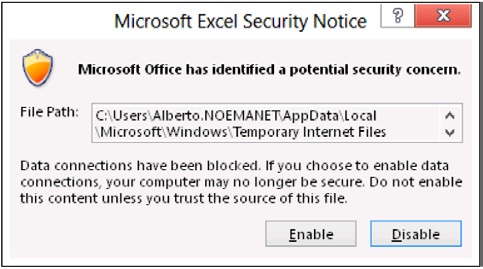 The .atmosvc connection created by SharePoint can cause a security warning in Excel.