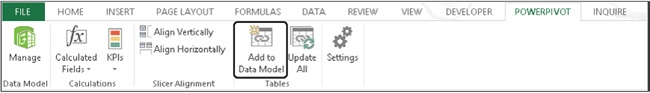 The Add To Data Model button is located on the PowerPivot tab of the ribbon.