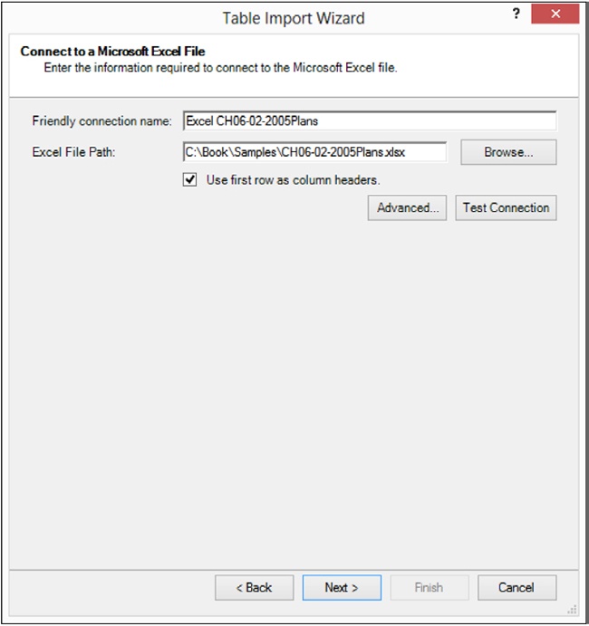 The Table Import Wizard, asking for the parameters of an Excel file.
