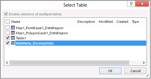 The Select Table window lets you select tables to import from a data feed (a report, in this case).