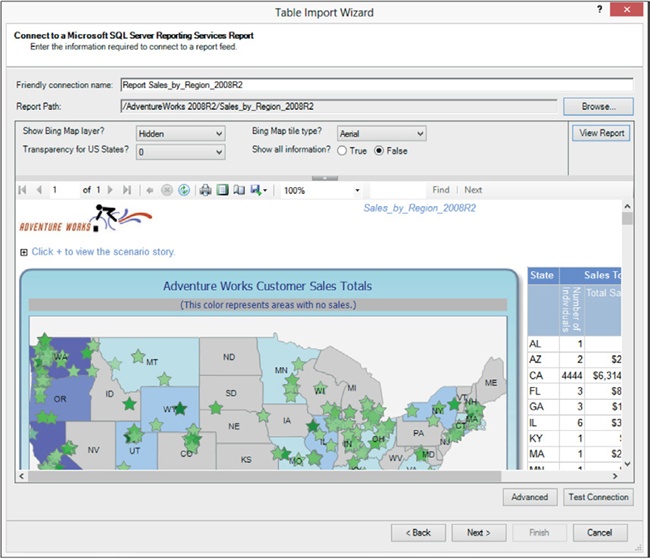 Before importing data, you can see a preview of a report from Reporting Services.