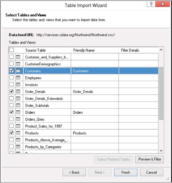 You can select the tables to import from the Northwind database used as the example.