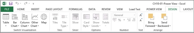 The DESIGN tab of the Excel ribbon shows different options to format Power View elements.