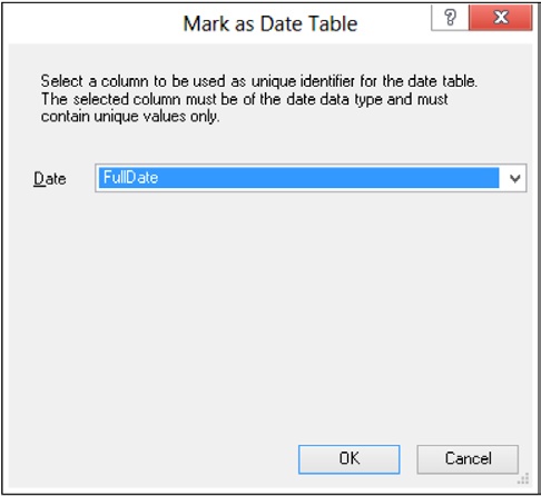 The Mark As Date Table dialog box lets you specify the column containing the date.