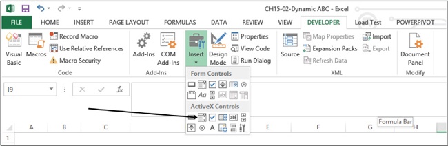 The Insert menu lets you select user interface controls to add to a worksheet.