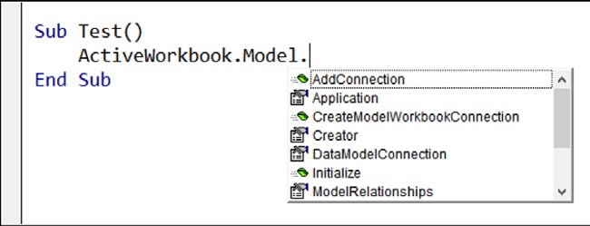 Using IntelliSense in the VBA editor, you can look at the various functionalities of the Model object.