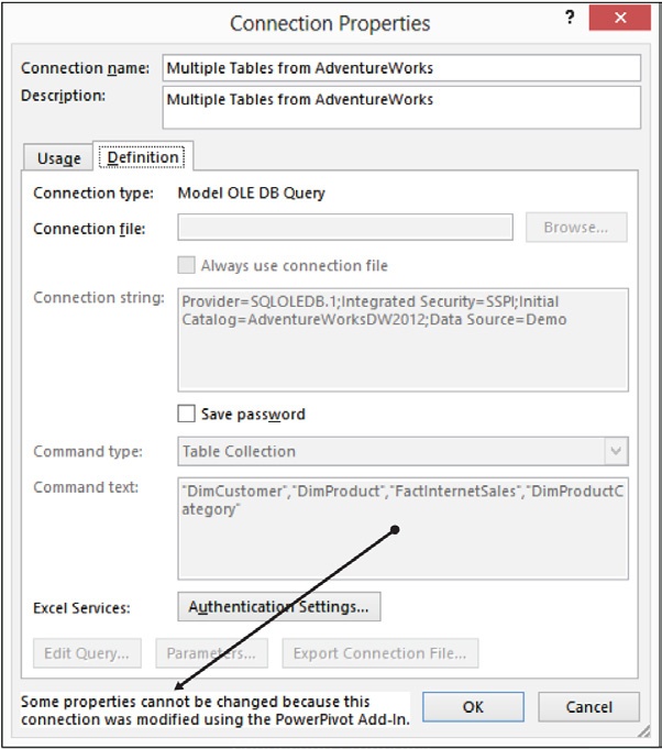 Once the PowerPivot connection is modified, the Excel connection becomes read-only.