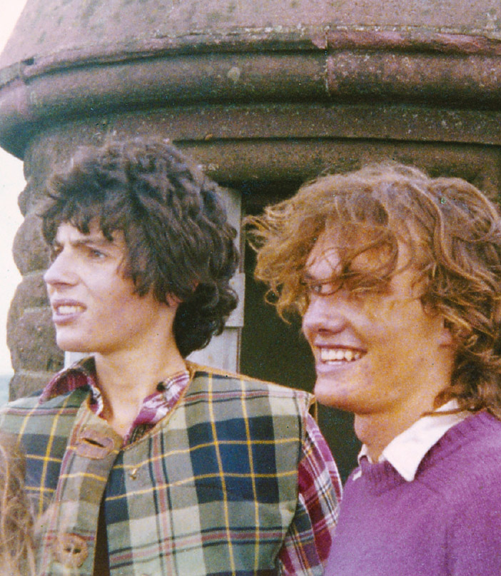 David Ogilvy and John Montagu Douglas Scott, photographed up a tower, Cortachy, Angus.