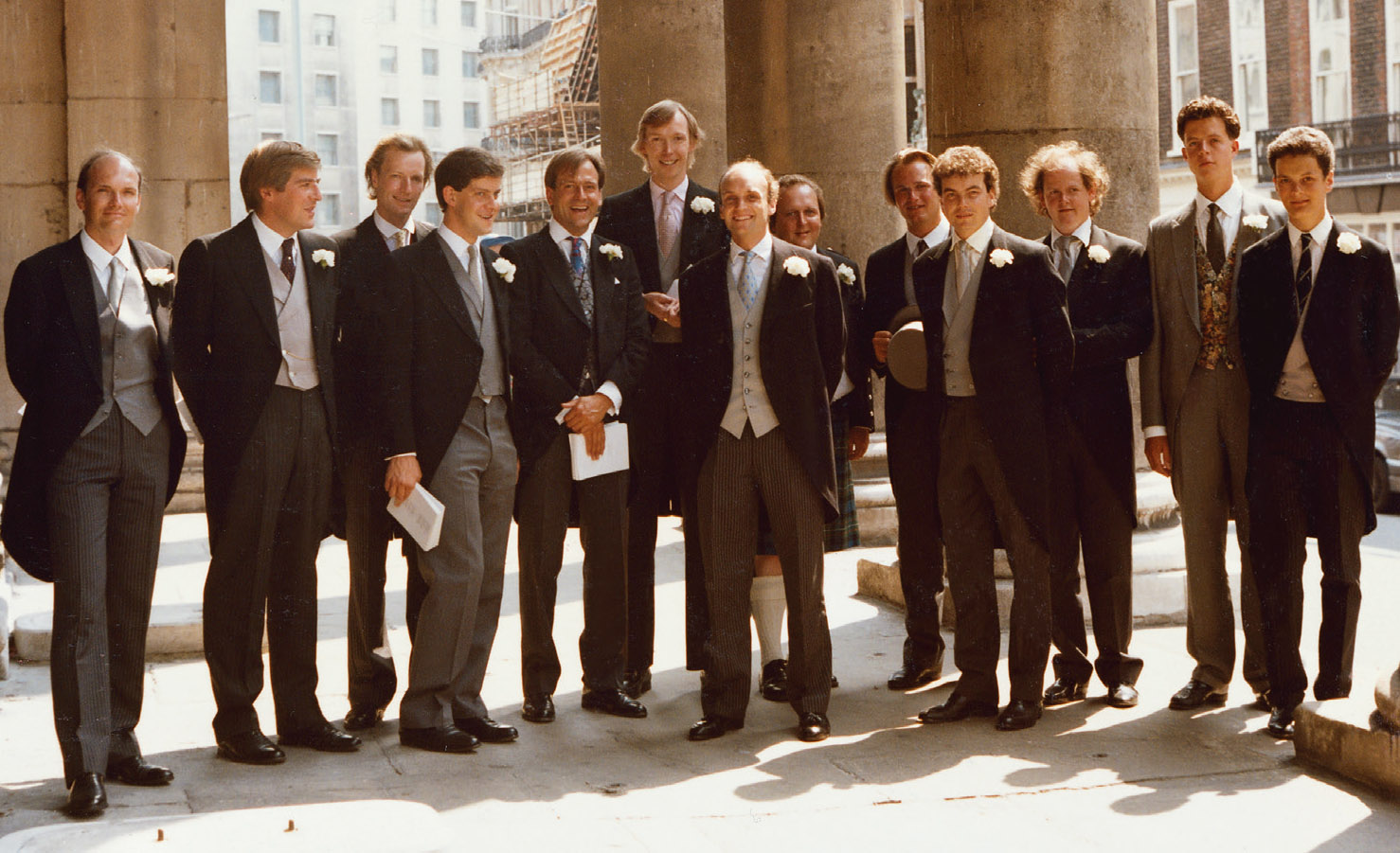 NC and a bunch of trusty ushers: John Montagu Douglas Scott, Edward Stourton, Napier Miles, Nick Allan, Kit Hunter Gordon, James Stourton, NC, Alistair Scott, Sebastian James, Tim Coleridge, Craig Brown, Nick Boles, Christopher Coleridge.