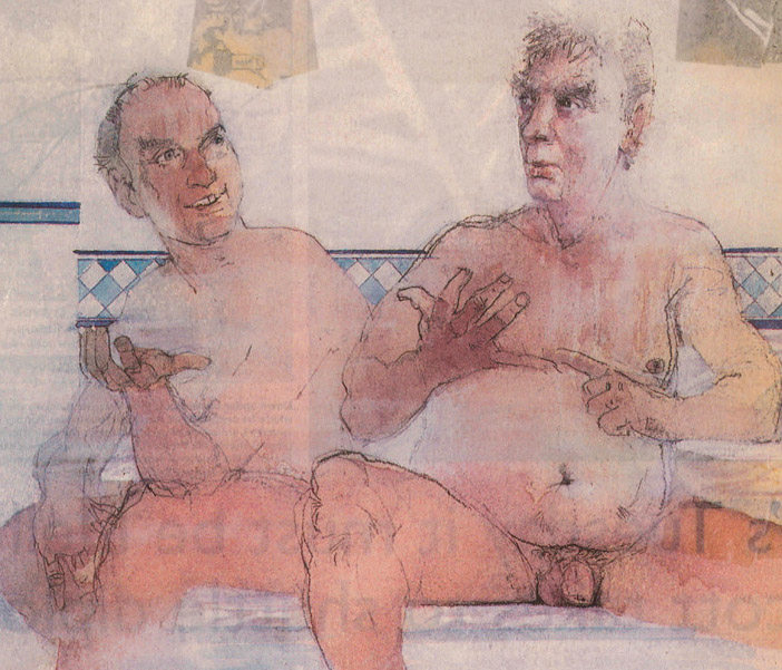 Newspaper cartoon of NC and Michael Cole, naked in the steam room of The Bath & Racquets Club, Mayfair, resolving the bitter two-year legal wrangle with Vanity Fair.