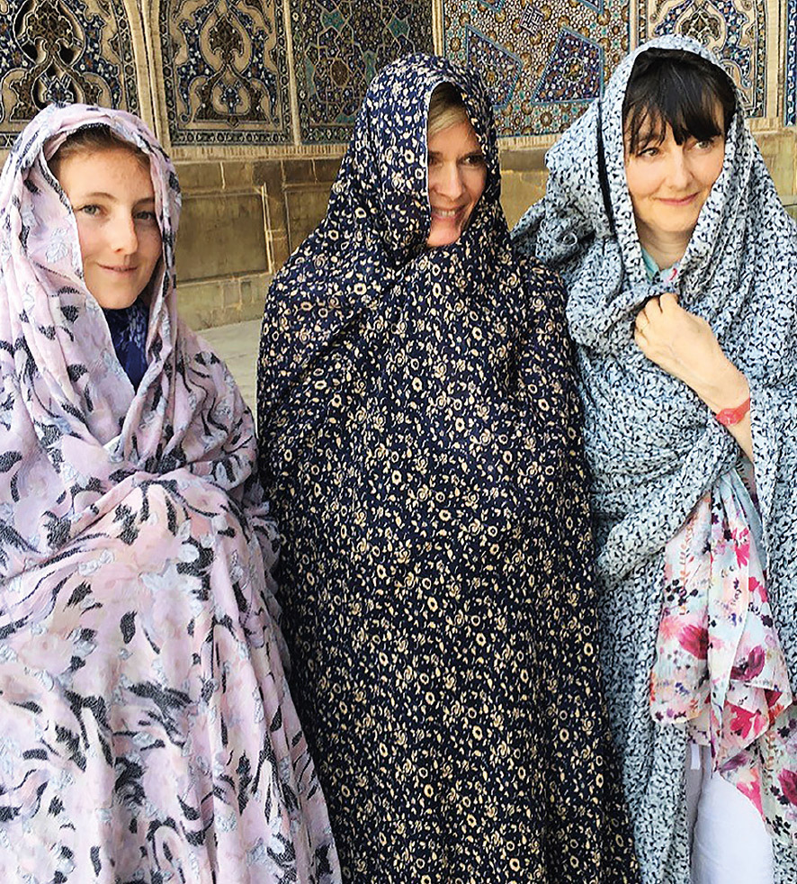 Sophie Coleridge, Sarah Allan, Georgia Coleridge, incognito at Jameh mosque, Isfahan, Iran.