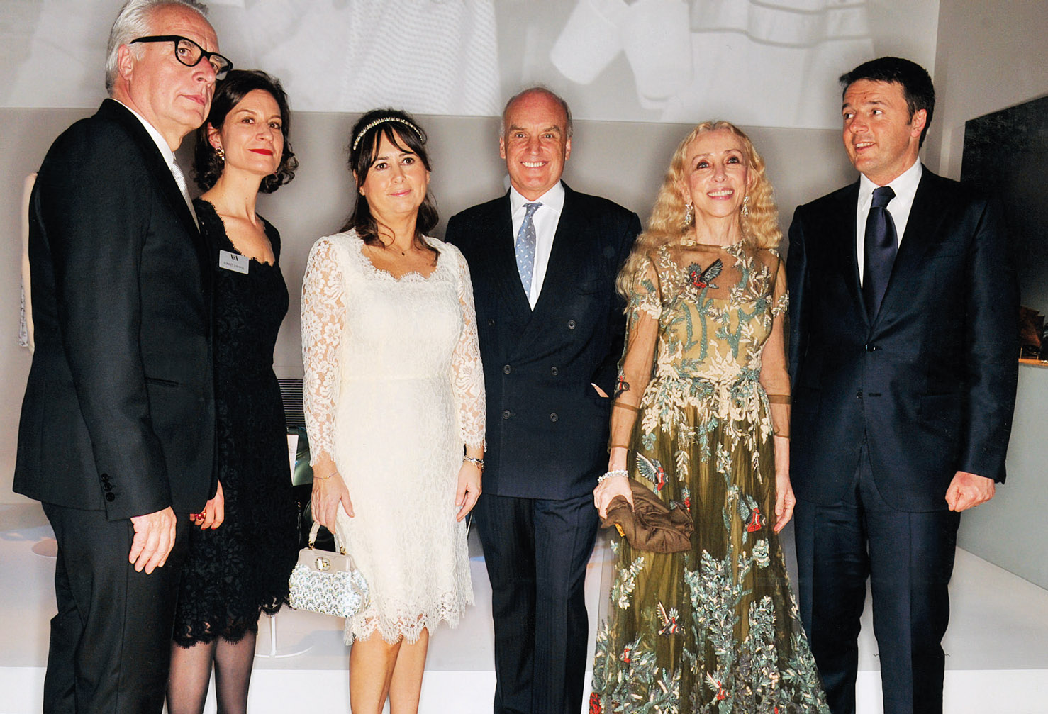 Dr Martin Roth, Director of the V&A, Sonnet Stanfill, Curator, Alexandra Shulman, British Vogue Editor, NC, Vogue Italia’s Franca Sozzani and Italian Prime Minister Matteo Renzi, at the private view of the Glamour of Italian Fashion exhibition, V&A.