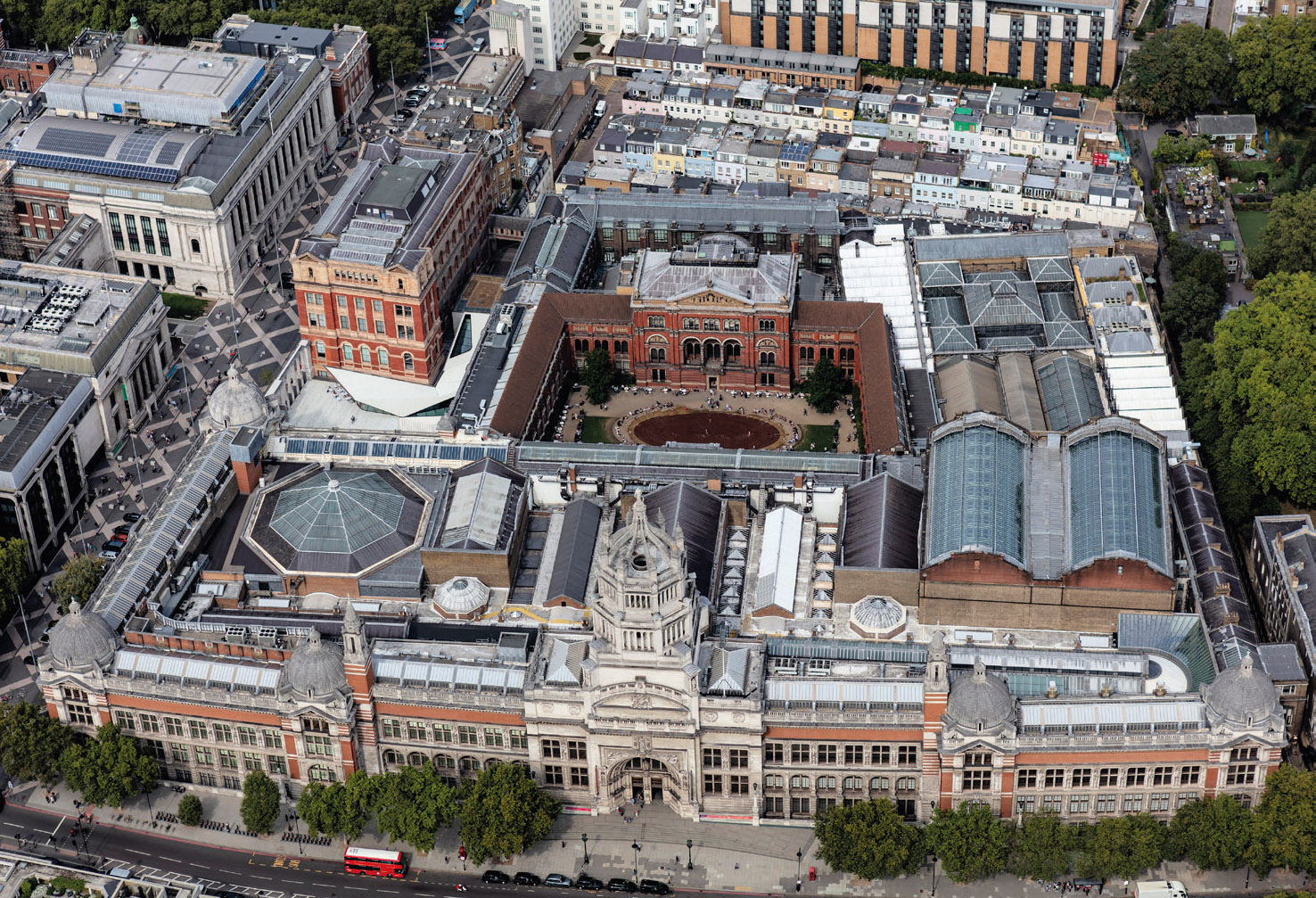 The Victoria and Albert Museum, South Kensington, photographed from a drone. The museum has seven miles of galleries and corridors, and 2.7 million treasures.