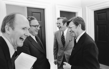 With Kissinger, Donald Rumsfeld, and Jerald terHorst in the Scheduling and Advance Office COURTESY GERALD R. FORD PRESIDENTIAL LIBRARY