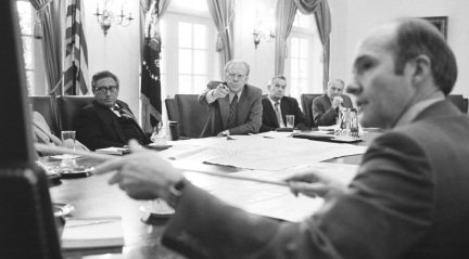 Meeting of the National Security Council on the Beirut crisis—Ford, Kissinger, William Clements, George H. W. Bush, L. Dean Brown, John Marsh, Richard Cheney, George Brown, and Scowcroft (June 17, 1976) COURTESY GERALD R. FORD PRESIDENTIAL LIBRARY