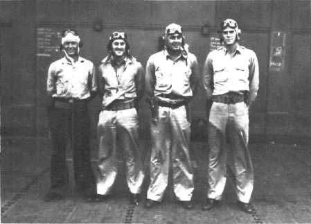Firebaugh’s VF-6 division, July 1942 (l to r): Stephenson, Warden, Firebaugh, and Disque. (USN)