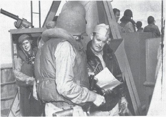 RAdm. Leigh Noyes on the Wasp’s bridge, August 1942. (USN via R. J. Cressman)