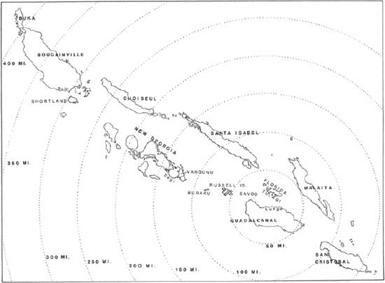 The Solomon Islands, with distances from Lunga.