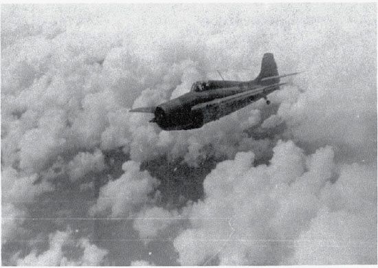 A VF-5 F4F in flight over Guadalcanal. (Capt. H. W. Crews)