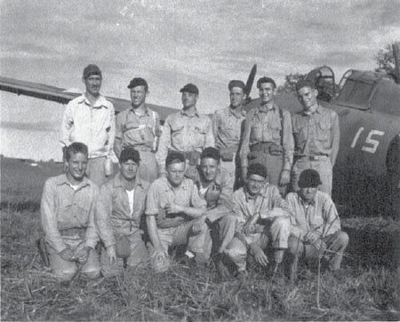 MF-223, late September 1942. Top row (l to r): Marvin, Frazier, Smith, Carl, Hughes, Kendrick. Bottom row: Read, Gutt, Lees, Winter, Jeans, Canfield. (Col. F. C. Drury)