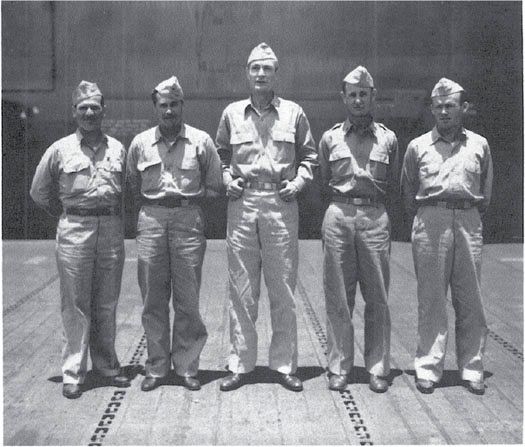 Air Group Ten’s leaders, 23 Oct. 1942 (l to r): Lt. Cdr. James A. Thomas (VB-10), Lt. Cdr. James R. Lee (VS-10), Cdr.