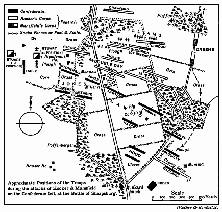 Map of the Approximate Positions of the Troops during the attacks of Hooker and Mansfield on the Confederate left, at the Battle of Sharpsburg.