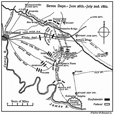 Map of troop positions for the Seven Days - June 26th to July 2nd, 1862.