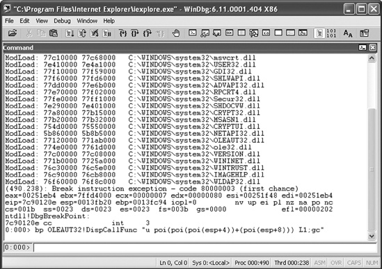 Defining a breakpoint at OLEAUT32!DispCallFunc in Internet Explorer