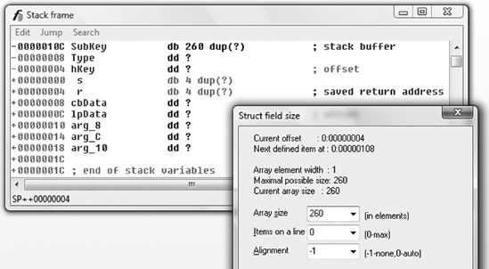 Determining the size of the SubKey stack buffer using IDA Pro’s default stack frame displays