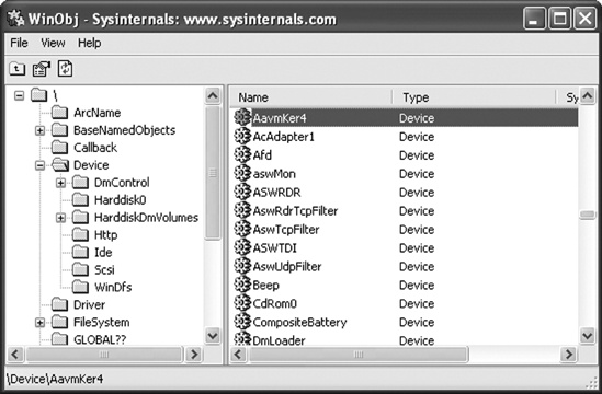 Navigating to the security settings of the AavmKer4 device in WinObj