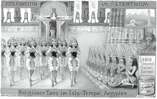 Geschichte / Ägypten / Kult. “Religiöser Tanz im Isistempel, Ägypten”. Farblithographie, um 1900. Sammelbildchen der Liebig Company’s Fleisch-Extract. Aus der Serie: Festlichkeiten im Altertum.