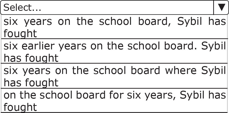 six years on the school board, Sybil has fought, six earlier years on the school board. Sybil has fought, six years on the school board where Sybil has fought, on the school board for six years, Sybil has fought