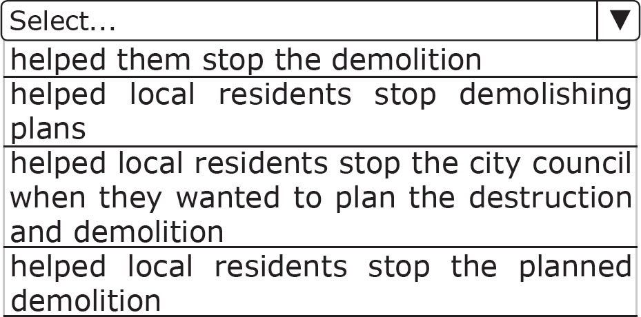 helped them stop the demolition, helped local residents stop demolishing plans, helped local residents stop the city council when they wanted to plan the destruction and demolition, helped local residents stop the planned demolition