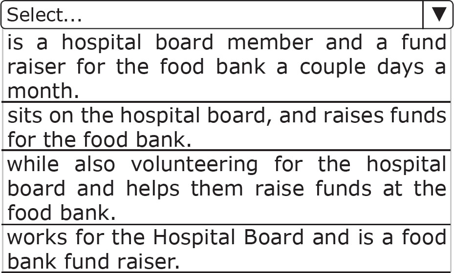 is a hospital board member and a fund raiser for the food bank a couple days a month., sits on the hospital board, and raises funds for the food bank., while also volunteering for the hospital board and helps them raise funds at the food bank., works for the Hospital Board and is a food bank fund raiser.