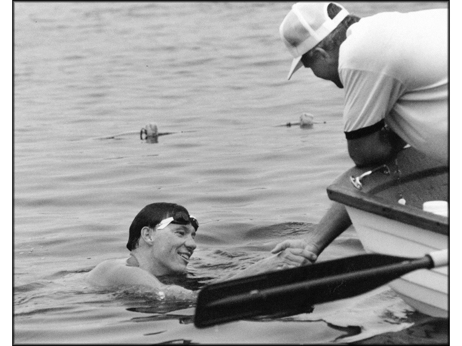 Coach Carl Smallwood and Paul after 9 hours and 54 minutes of marathon swim racing; Photo credit: The Press of Atlantic City