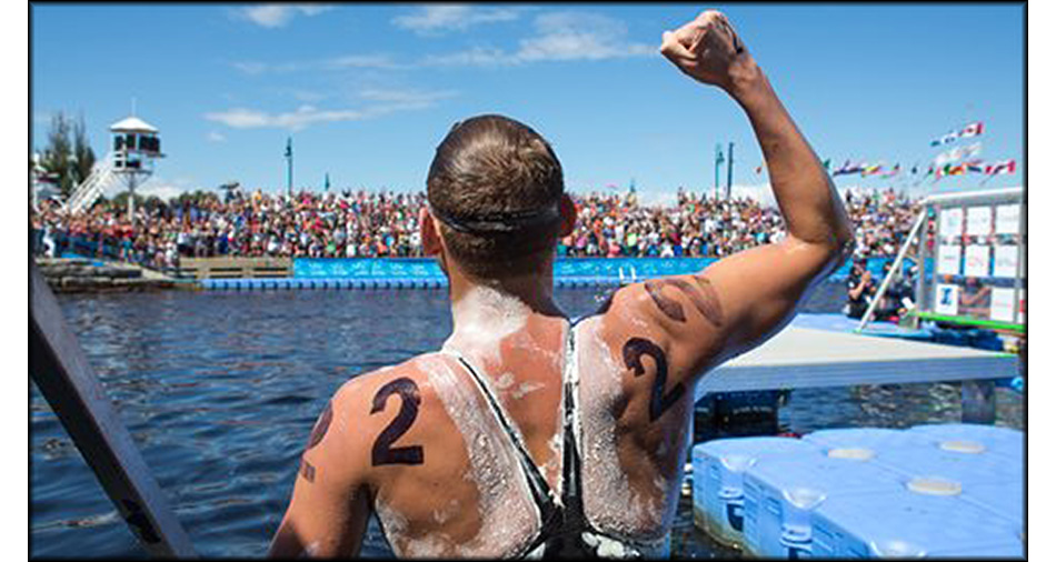 Alex after winning the 32-kilometer crossing in 6 hours, 29 minutes, 59 seconds; Photo courtesy of Vicky Boutin