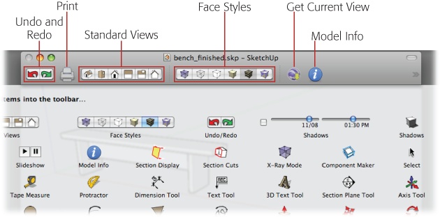 To customize the toolbar at the top of the drawing area, drag the tools you want from the window into the toolbar area. To remove buttons from the toolbar, just drag them off.