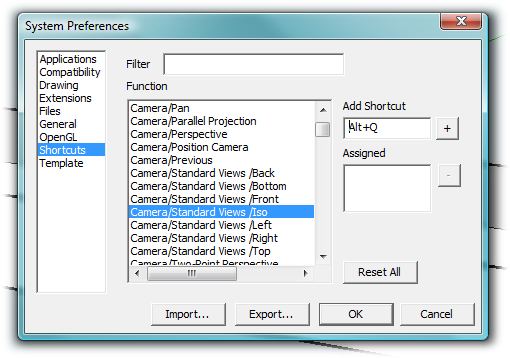 If you're a fan of shortcut keys, you can set up some shortcuts for the standard views. In the System Preferences window choose a command, and type the shortcut in the Add Shortcut box. Click the + button to save the command. Here Alt+Q is being assigned to the Iso view.