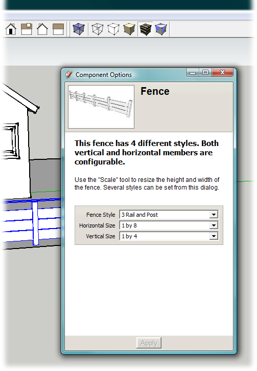 You can customize dynamic components using the Component Options window (Window → Component Options). This dynamic component lets you choose different fence styles and board sizes.