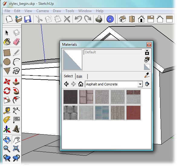 Use the Materials window to apply colors or materials to the faces in your model. Click the Select tab to display materials. You can choose from different collections with the Collections drop-down menu.