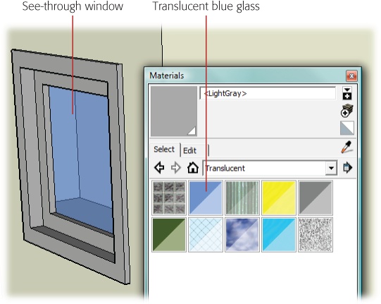 Create a see-through window by choosing Translucent_Glass_Blue from the Translucent materials collection. Translucent materials are indicated in the Materials window by a diagonal slash through the color chip.