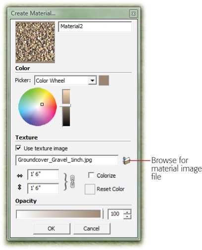 You use the same Create Material window to mix new colors or to create a textured material. Check the "Use texture image" box if you want to create a material.